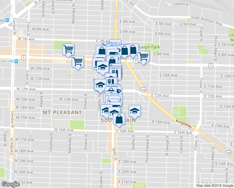 map of restaurants, bars, coffee shops, grocery stores, and more near in Vancouver