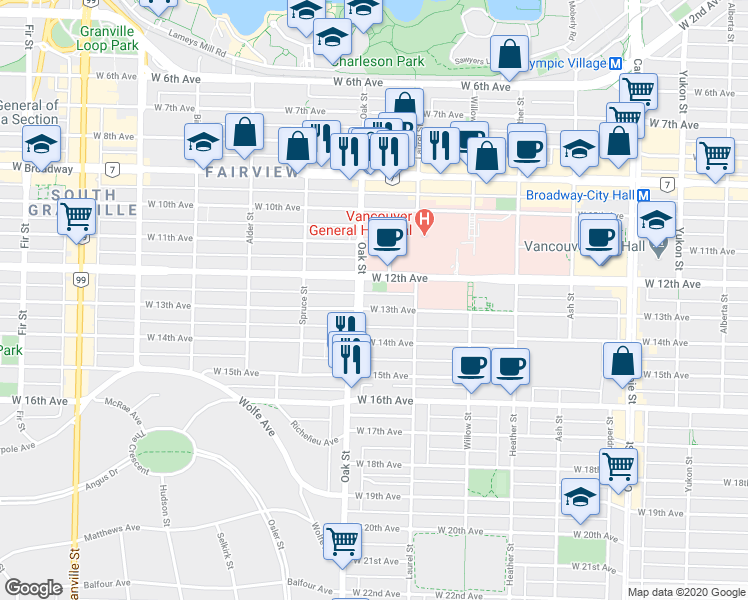 map of restaurants, bars, coffee shops, grocery stores, and more near in Vancouver