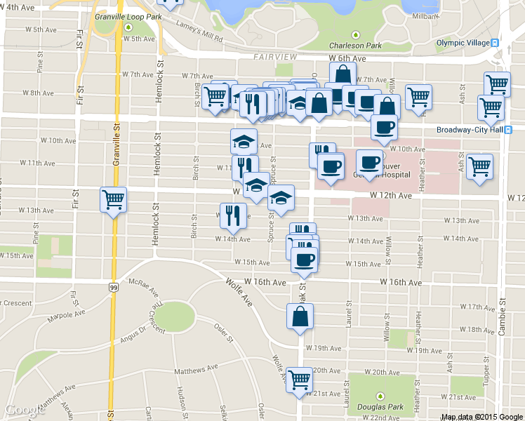 map of restaurants, bars, coffee shops, grocery stores, and more near in Vancouver