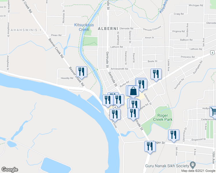 map of restaurants, bars, coffee shops, grocery stores, and more near 4705 Margaret Street in Port Alberni