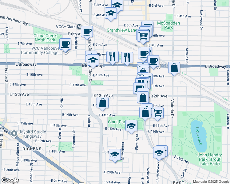 map of restaurants, bars, coffee shops, grocery stores, and more near 2735 Woodland Drive in Vancouver