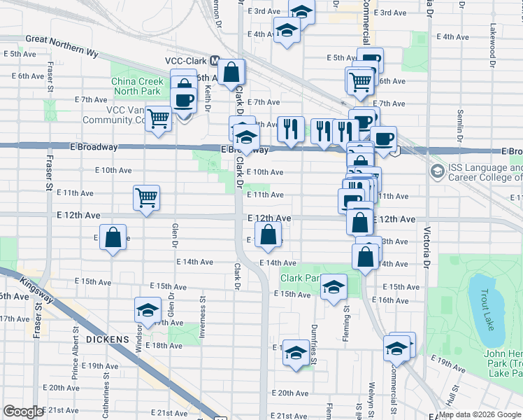 map of restaurants, bars, coffee shops, grocery stores, and more near 1363 East 12th Avenue in Vancouver