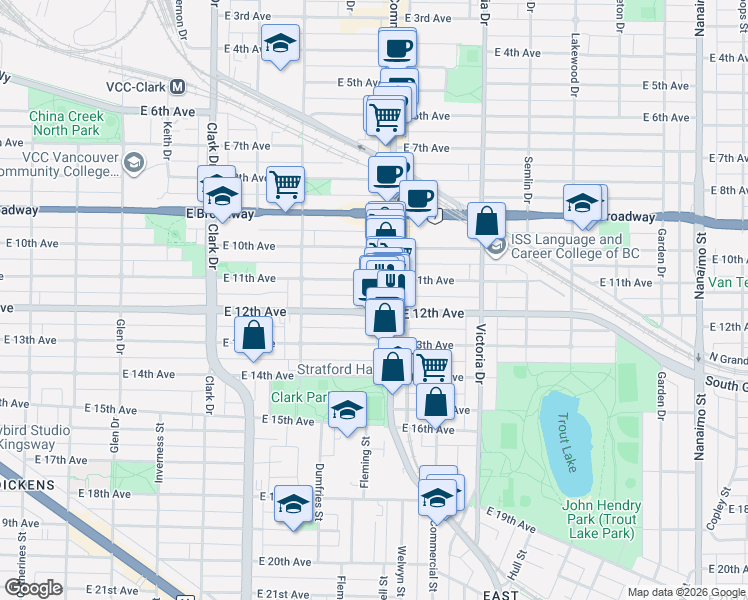 map of restaurants, bars, coffee shops, grocery stores, and more near 1680 East 12th Avenue in Vancouver