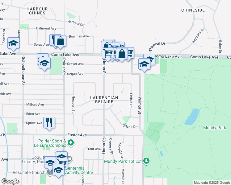 map of restaurants, bars, coffee shops, grocery stores, and more near 707 Poplar Street in Coquitlam