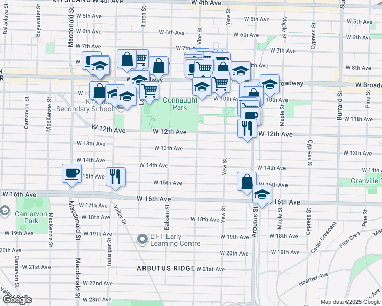 map of restaurants, bars, coffee shops, grocery stores, and more near 2316 West 13th Avenue in Vancouver