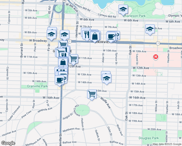 map of restaurants, bars, coffee shops, grocery stores, and more near 2888 Birch Street in Vancouver