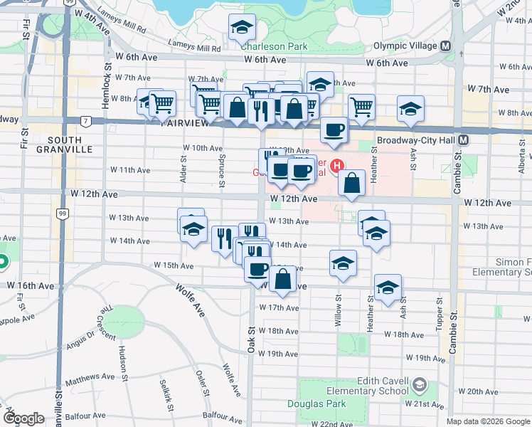 map of restaurants, bars, coffee shops, grocery stores, and more near 2880 Oak Street in Vancouver