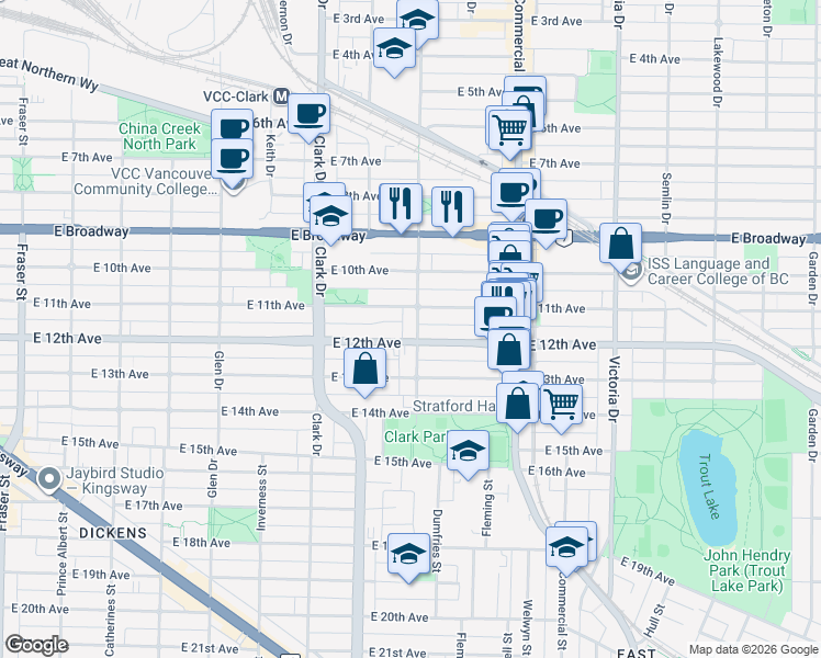 map of restaurants, bars, coffee shops, grocery stores, and more near 2737 Woodland Drive in Vancouver