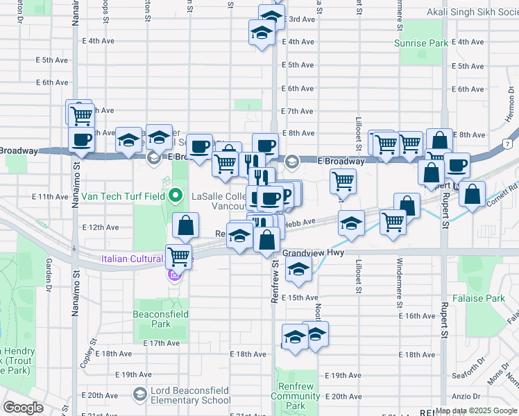 map of restaurants, bars, coffee shops, grocery stores, and more near in Vancouver