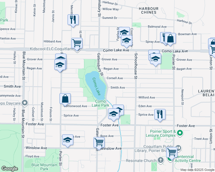 map of restaurants, bars, coffee shops, grocery stores, and more near Gatensbury Street in Coquitlam