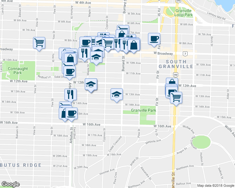 map of restaurants, bars, coffee shops, grocery stores, and more near 1829 West 13th Avenue in Vancouver