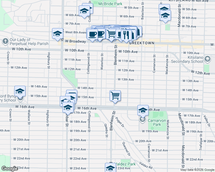 map of restaurants, bars, coffee shops, grocery stores, and more near 3349 West 14th Avenue in Vancouver