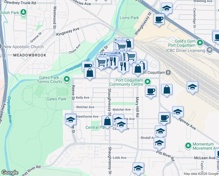 map of restaurants, bars, coffee shops, grocery stores, and more near Atkins Avenue in Port Coquitlam