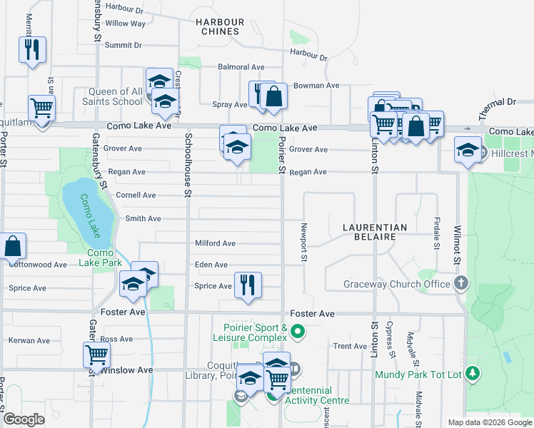 map of restaurants, bars, coffee shops, grocery stores, and more near 1681 Smith Avenue in Coquitlam
