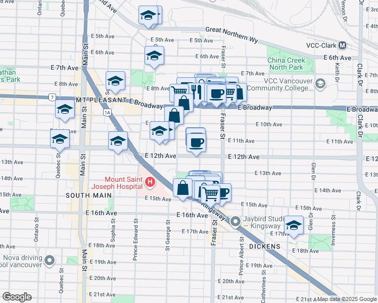map of restaurants, bars, coffee shops, grocery stores, and more near 551 East 12th Avenue in Vancouver
