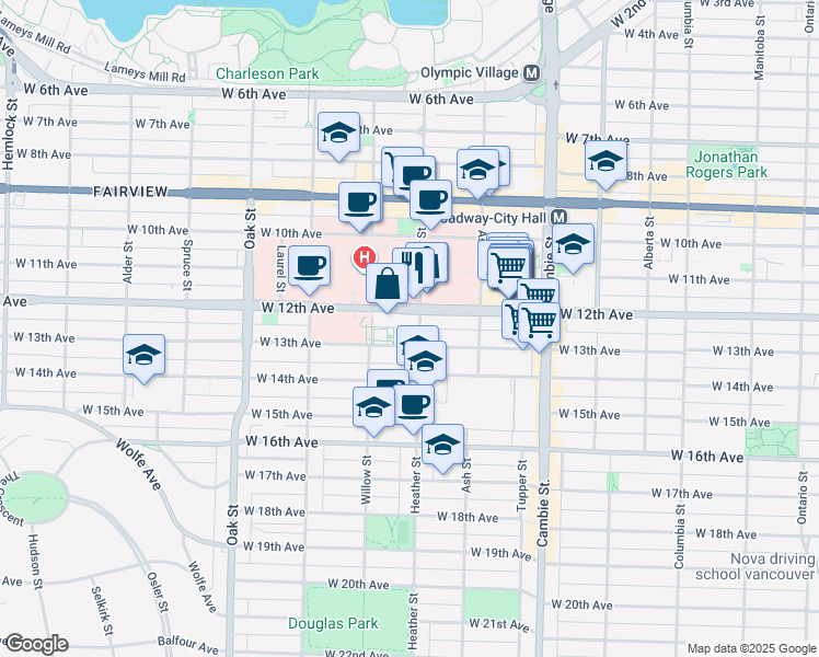 map of restaurants, bars, coffee shops, grocery stores, and more near 2775 Heather Street in Vancouver
