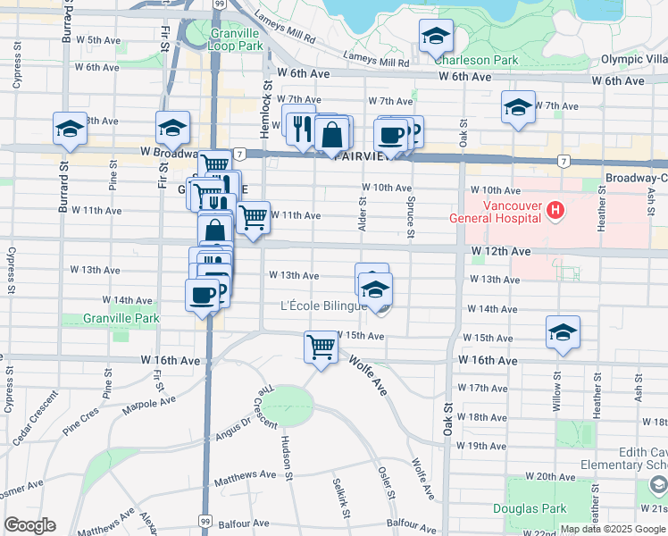 map of restaurants, bars, coffee shops, grocery stores, and more near in Vancouver