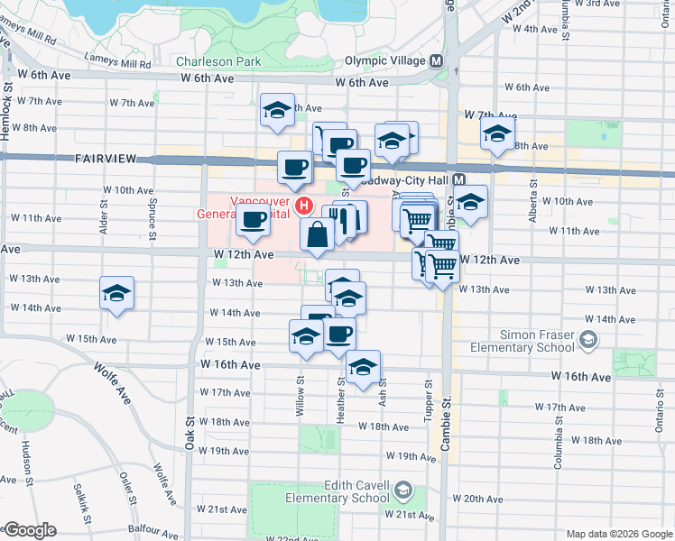 map of restaurants, bars, coffee shops, grocery stores, and more near 2851 Heather Street in Vancouver