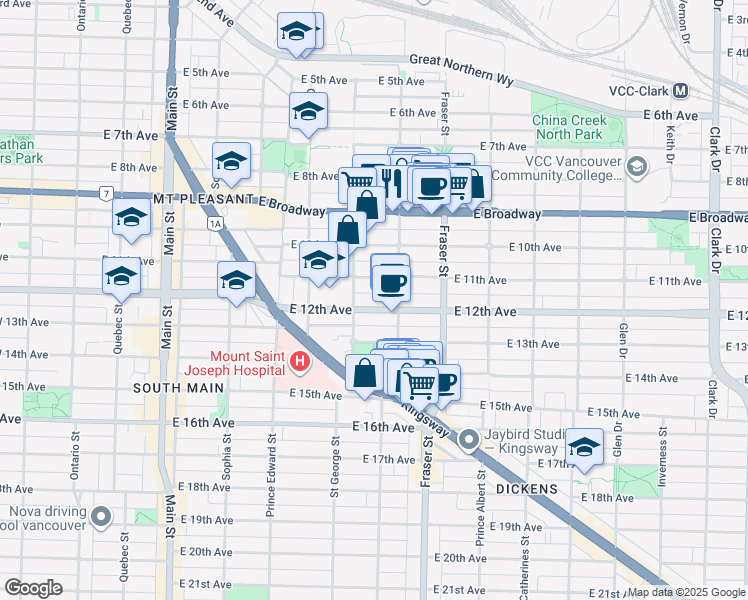 map of restaurants, bars, coffee shops, grocery stores, and more near 547 East 12th Avenue in Vancouver