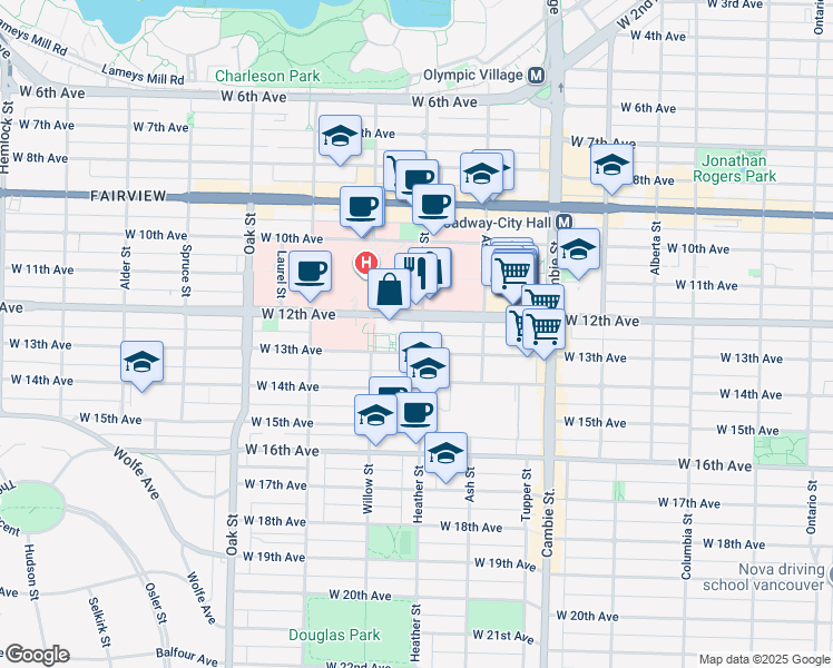 map of restaurants, bars, coffee shops, grocery stores, and more near 2851 Heather Street in Vancouver