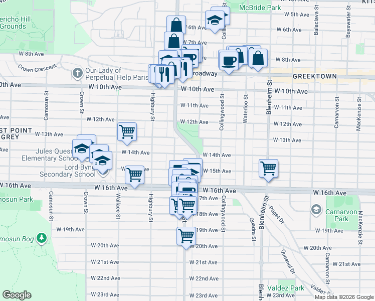 map of restaurants, bars, coffee shops, grocery stores, and more near 3639 West 14th Avenue in Vancouver
