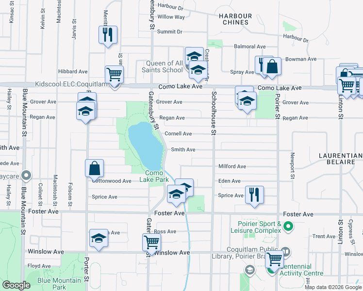 map of restaurants, bars, coffee shops, grocery stores, and more near 1333 Smith Avenue in Coquitlam