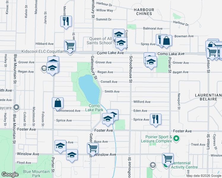 map of restaurants, bars, coffee shops, grocery stores, and more near 1333 Smith Avenue in Coquitlam
