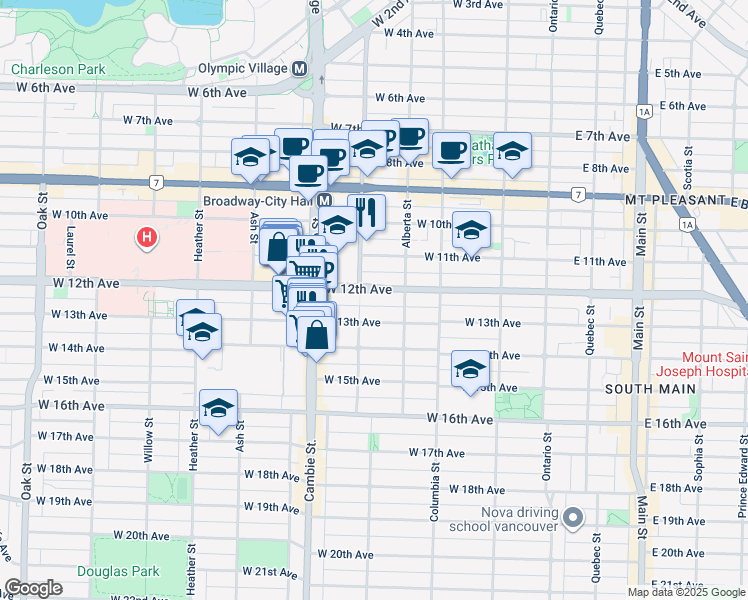 map of restaurants, bars, coffee shops, grocery stores, and more near 364 West 12th Avenue in Vancouver