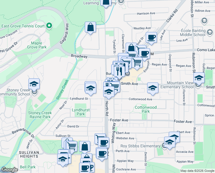 map of restaurants, bars, coffee shops, grocery stores, and more near 2665 North Road in Burnaby