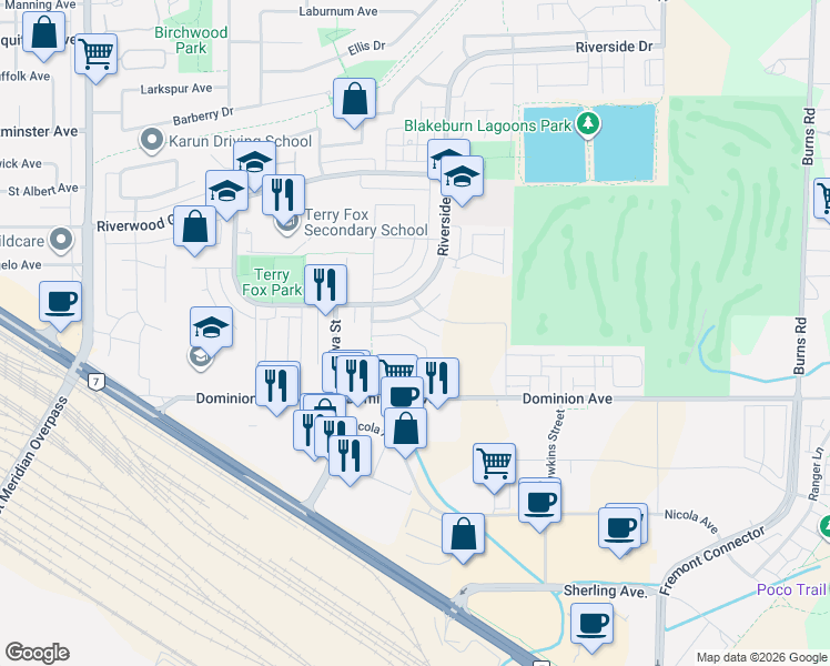 map of restaurants, bars, coffee shops, grocery stores, and more near 1049 Euphrates Crescent in Port Coquitlam