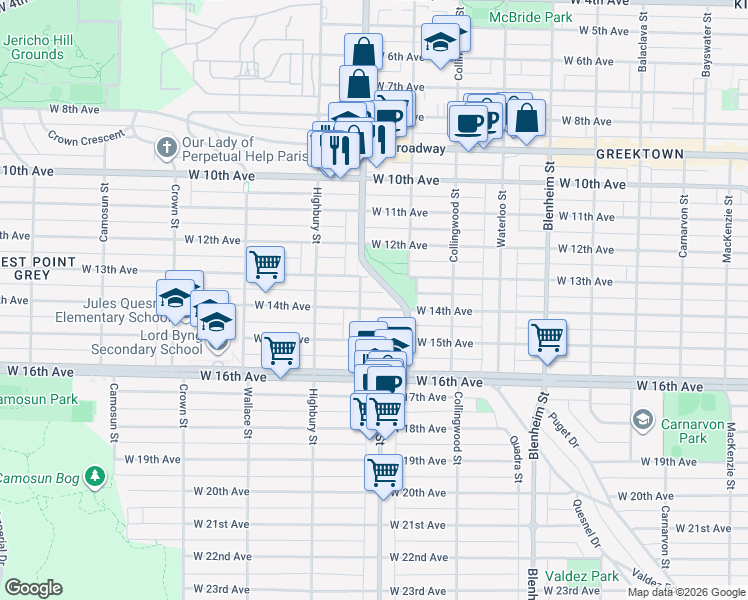 map of restaurants, bars, coffee shops, grocery stores, and more near 3657 West 14th Avenue in Vancouver