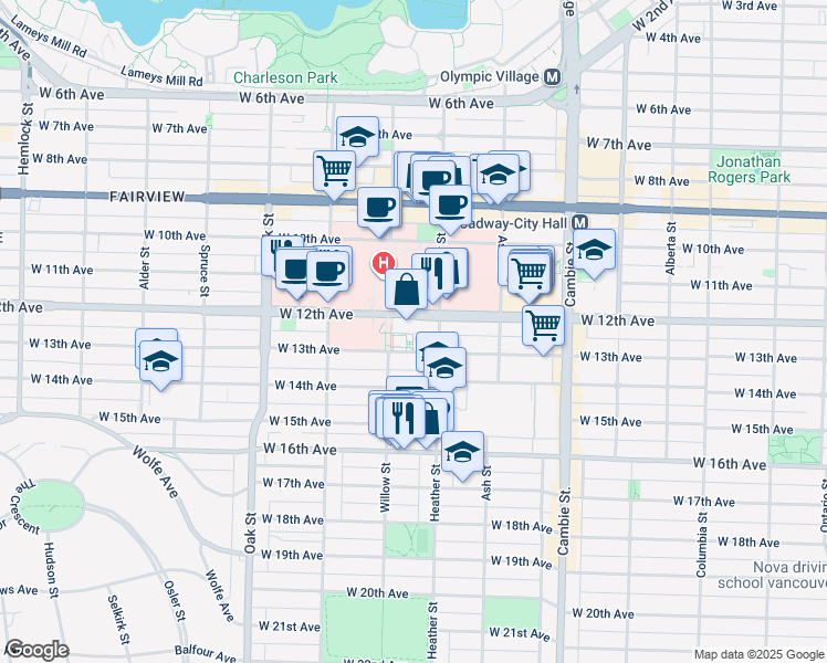 map of restaurants, bars, coffee shops, grocery stores, and more near 750 West 12th Avenue in Vancouver