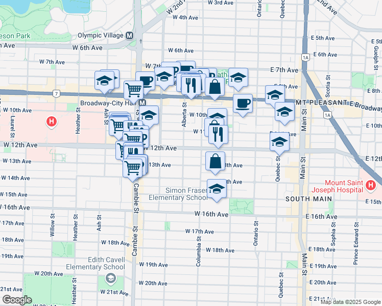 map of restaurants, bars, coffee shops, grocery stores, and more near 236 West 12th Avenue in Vancouver