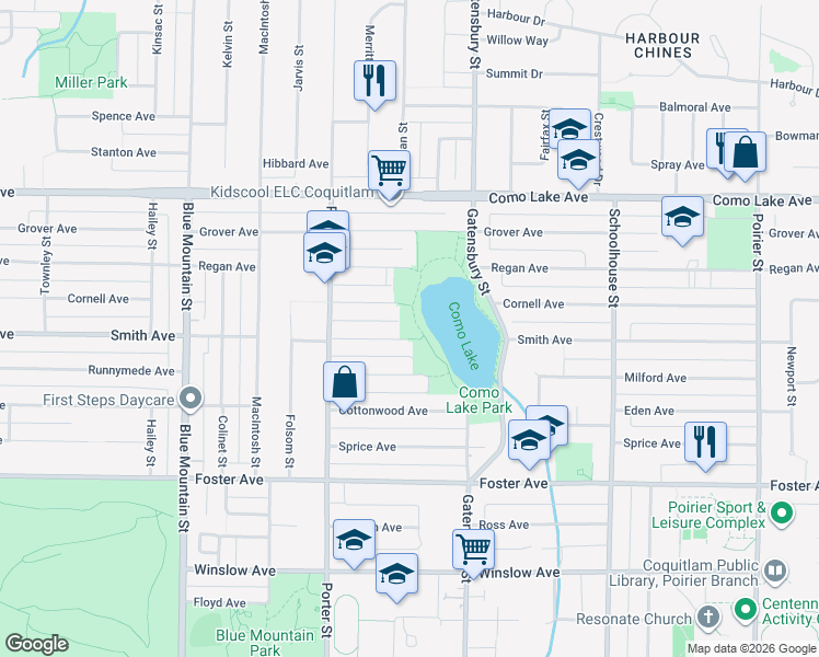 map of restaurants, bars, coffee shops, grocery stores, and more near 1135 Smith Avenue in Coquitlam
