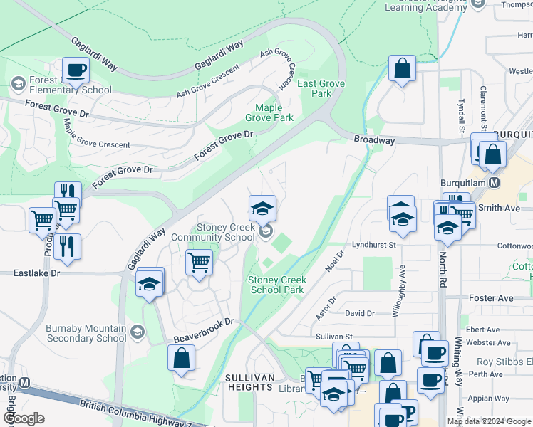 map of restaurants, bars, coffee shops, grocery stores, and more near 9136 Capella Drive in Burnaby