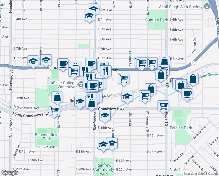 map of restaurants, bars, coffee shops, grocery stores, and more near in Vancouver