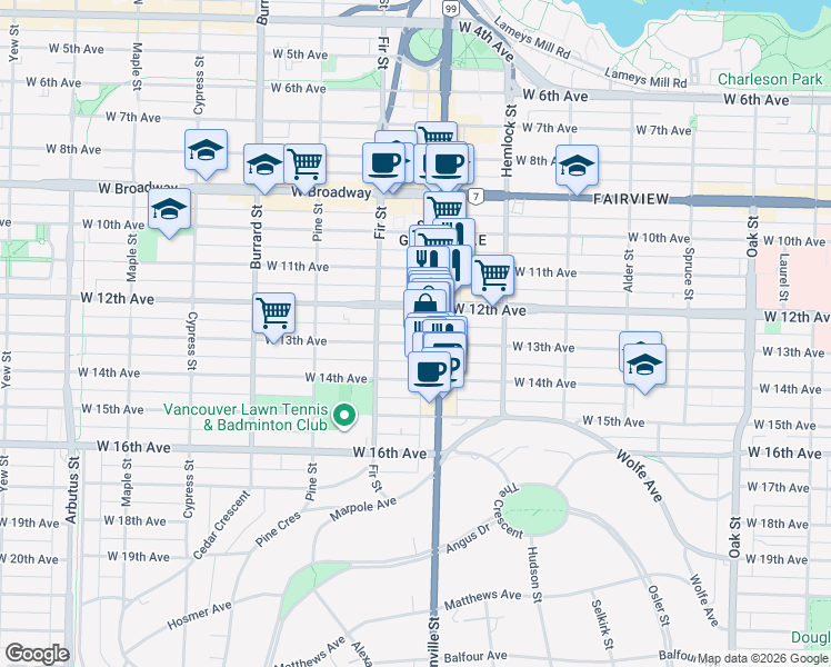 map of restaurants, bars, coffee shops, grocery stores, and more near in Vancouver
