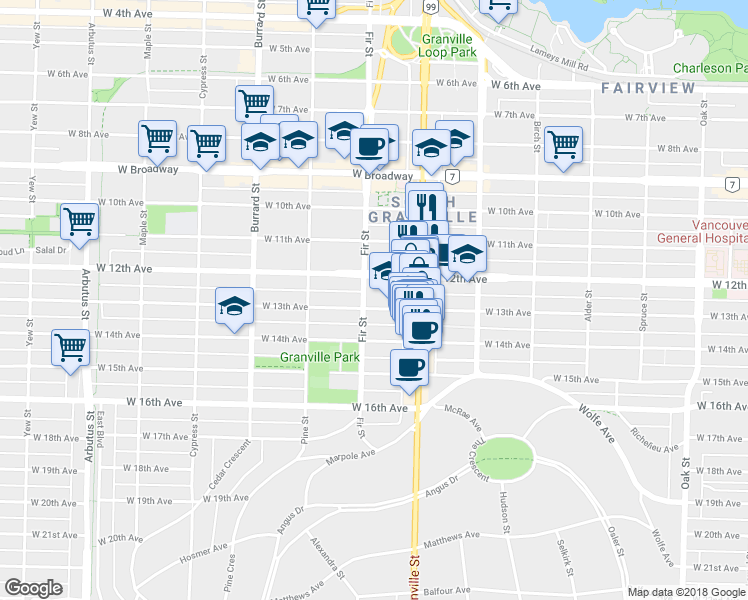 map of restaurants, bars, coffee shops, grocery stores, and more near in Vancouver