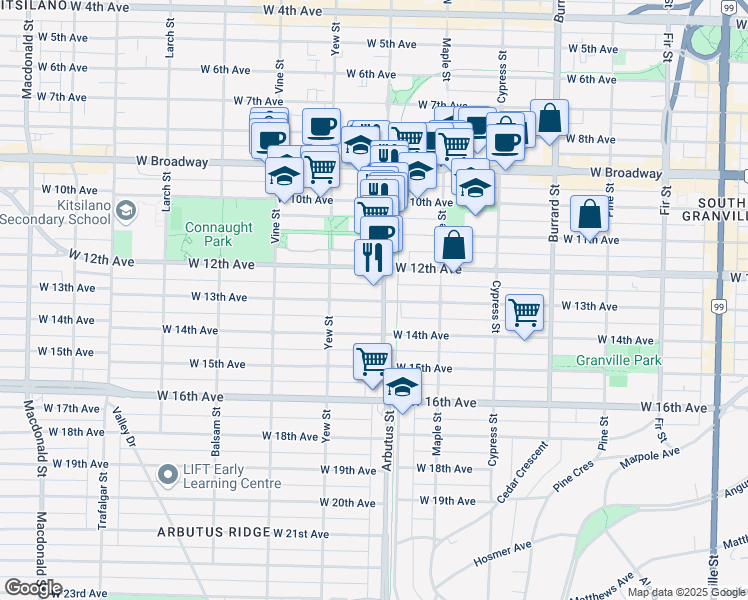 map of restaurants, bars, coffee shops, grocery stores, and more near in Vancouver