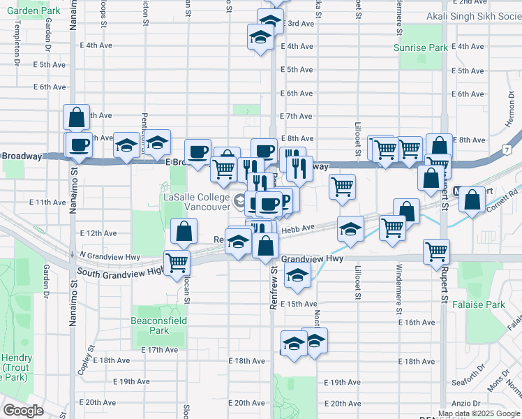 map of restaurants, bars, coffee shops, grocery stores, and more near in Vancouver