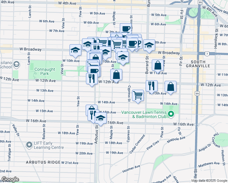 map of restaurants, bars, coffee shops, grocery stores, and more near 2888 Maple Street in Vancouver