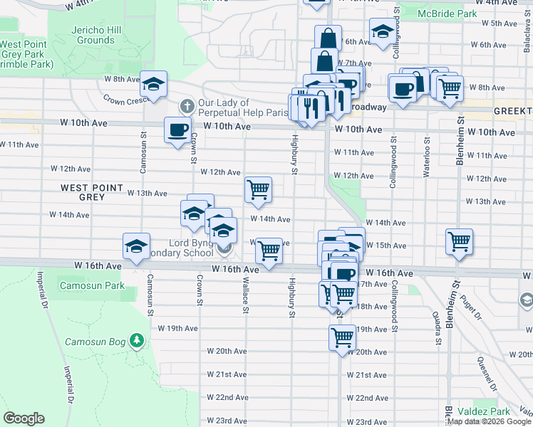 map of restaurants, bars, coffee shops, grocery stores, and more near 3853 West 14th Avenue in Vancouver