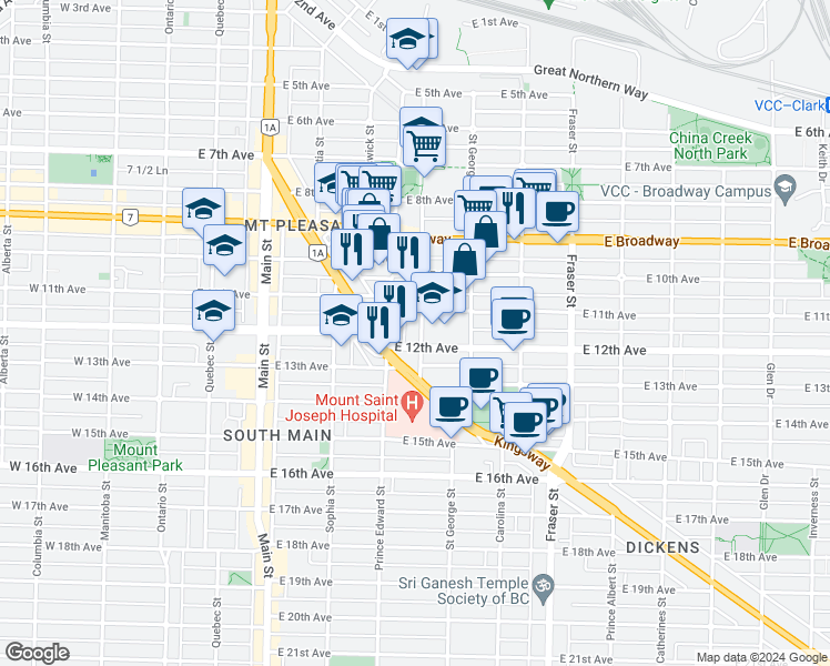 map of restaurants, bars, coffee shops, grocery stores, and more near 2777 Guelph Street in Vancouver