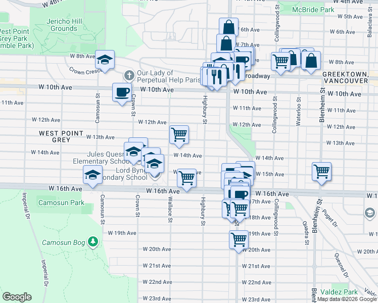 map of restaurants, bars, coffee shops, grocery stores, and more near 3845 West 14th Avenue in Vancouver