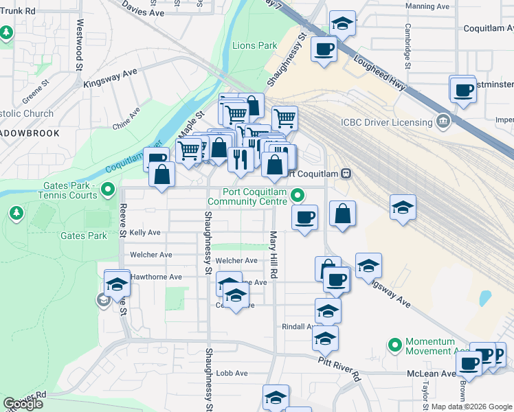 map of restaurants, bars, coffee shops, grocery stores, and more near 2229 Atkins Avenue in Port Coquitlam