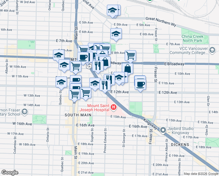map of restaurants, bars, coffee shops, grocery stores, and more near 2792 Prince Edward Street in Vancouver