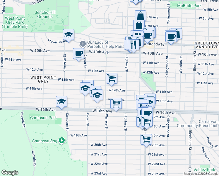 map of restaurants, bars, coffee shops, grocery stores, and more near 3881 West 14th Avenue in Vancouver