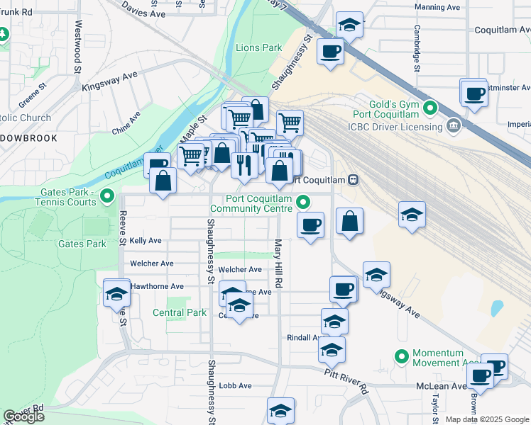 map of restaurants, bars, coffee shops, grocery stores, and more near 2217 Atkins Avenue in Port Coquitlam