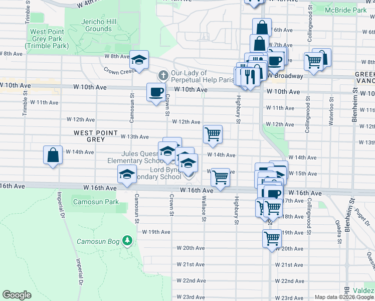 map of restaurants, bars, coffee shops, grocery stores, and more near 3939 West 14th Avenue in Vancouver