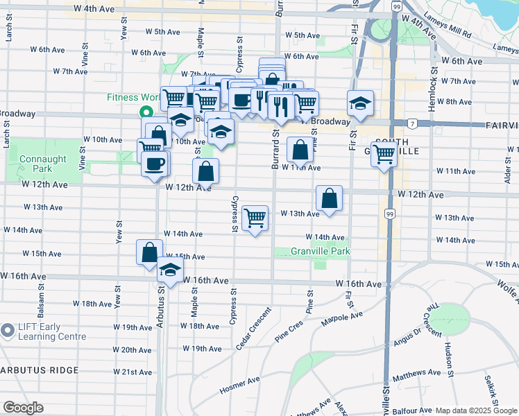 map of restaurants, bars, coffee shops, grocery stores, and more near 1829 West 13th Avenue in Vancouver